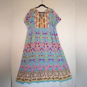 Floral Multicolor Blues & Cream Cap Sleeves Boho Cottage Maxi Dress Sz XL